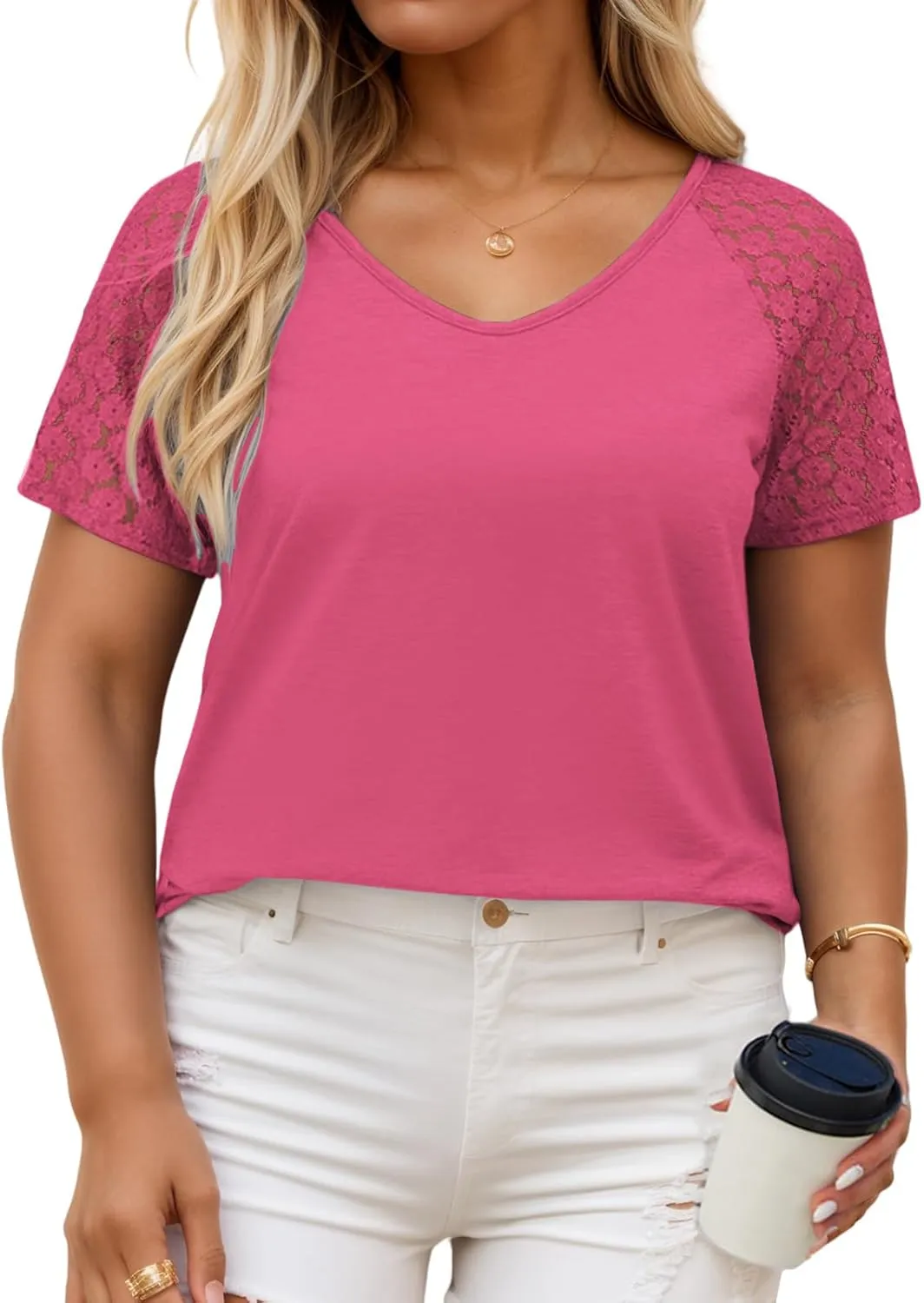 VISLILY Plus-Size-Womens-Summer-Tops Casual V-Neck T Shirts Raglan Lace Dotted Short Sleeve Tunics Cute Trendy Blouses XL-5XL