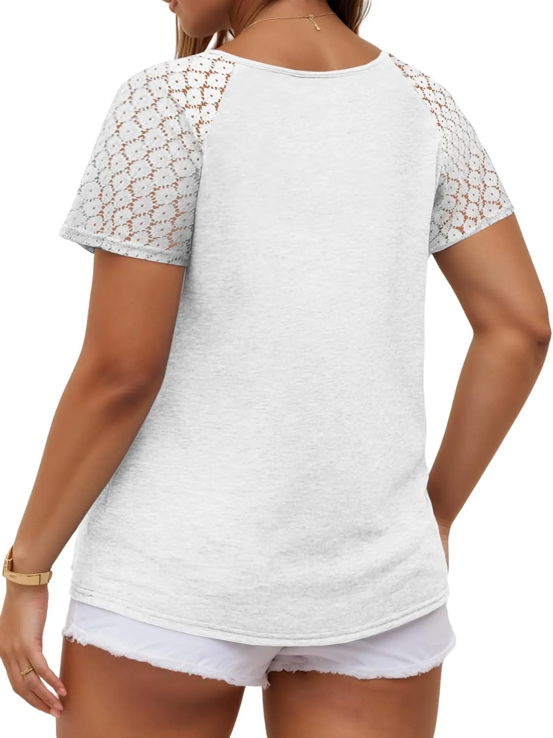 VISLILY Plus-Size-Womens-Summer-Tops Casual V-Neck T Shirts Raglan Lace Dotted Short Sleeve Tunics Cute Trendy Blouses XL-5XL