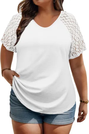 VISLILY Plus-Size-Womens-Summer-Tops Casual V-Neck T Shirts Raglan Lace Dotted Short Sleeve Tunics Cute Trendy Blouses XL-5XL