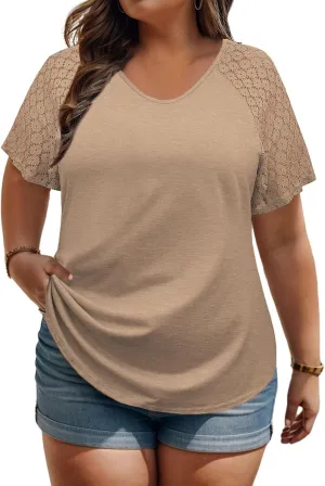 VISLILY Plus-Size-Womens-Summer-Tops Casual V-Neck T Shirts Raglan Lace Dotted Short Sleeve Tunics Cute Trendy Blouses XL-5XL