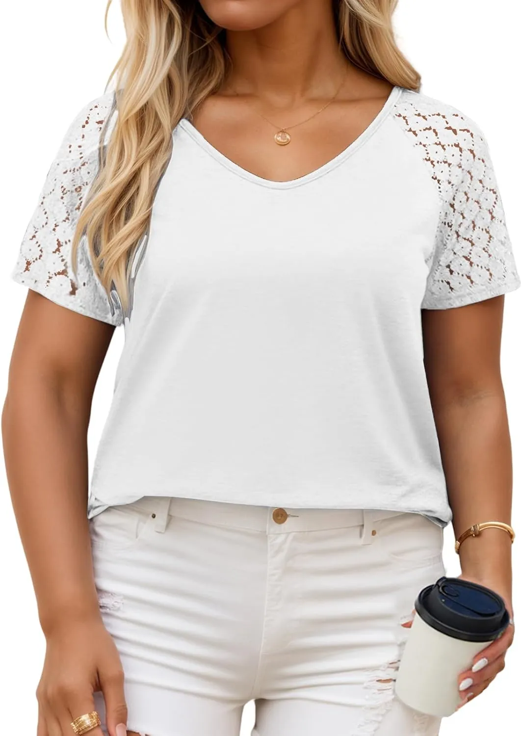 VISLILY Plus-Size-Womens-Summer-Tops Casual V-Neck T Shirts Raglan Lace Dotted Short Sleeve Tunics Cute Trendy Blouses XL-5XL