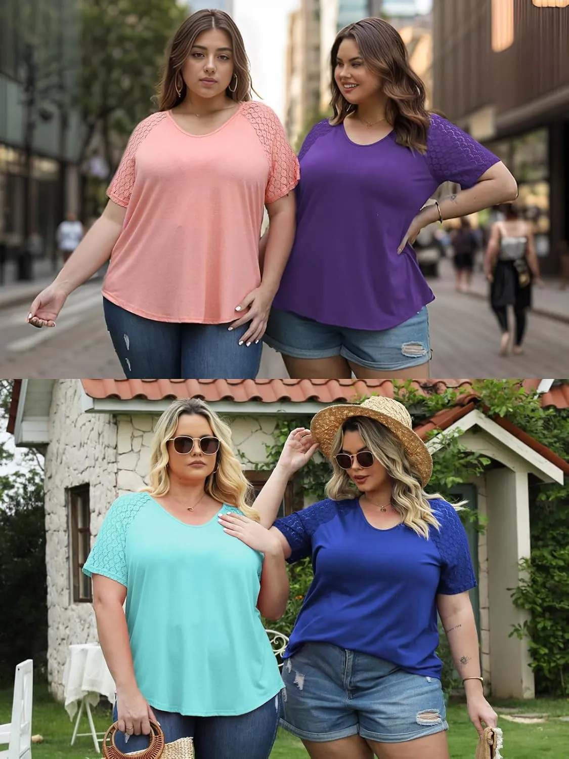 VISLILY Plus-Size-Womens-Summer-Tops Casual V-Neck T Shirts Raglan Lace Dotted Short Sleeve Tunics Cute Trendy Blouses XL-5XL