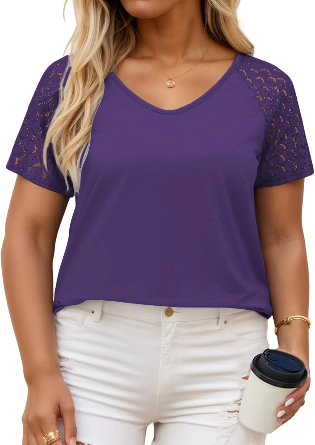 VISLILY Plus-Size-Womens-Summer-Tops Casual V-Neck T Shirts Raglan Lace Dotted Short Sleeve Tunics Cute Trendy Blouses XL-5XL