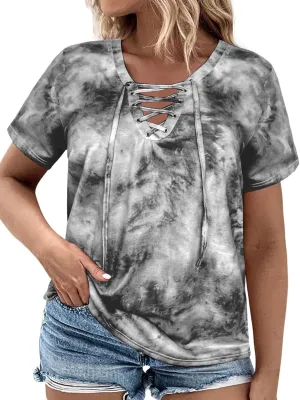 VISLILY Womens-Plus-Size-Summer-Tops Casual Lace Up Front T Shirts Tie Dye V Neck Tees Trendy Short Sleeve Tunics XL-5XL