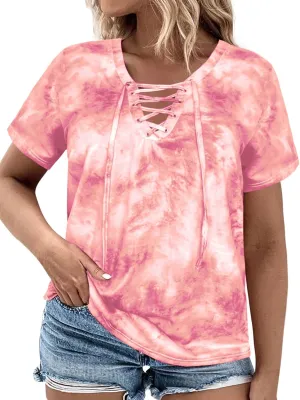 VISLILY Womens-Plus-Size-Summer-Tops Casual Lace Up Front T Shirts Tie Dye V Neck Tees Trendy Short Sleeve Tunics XL-5XL