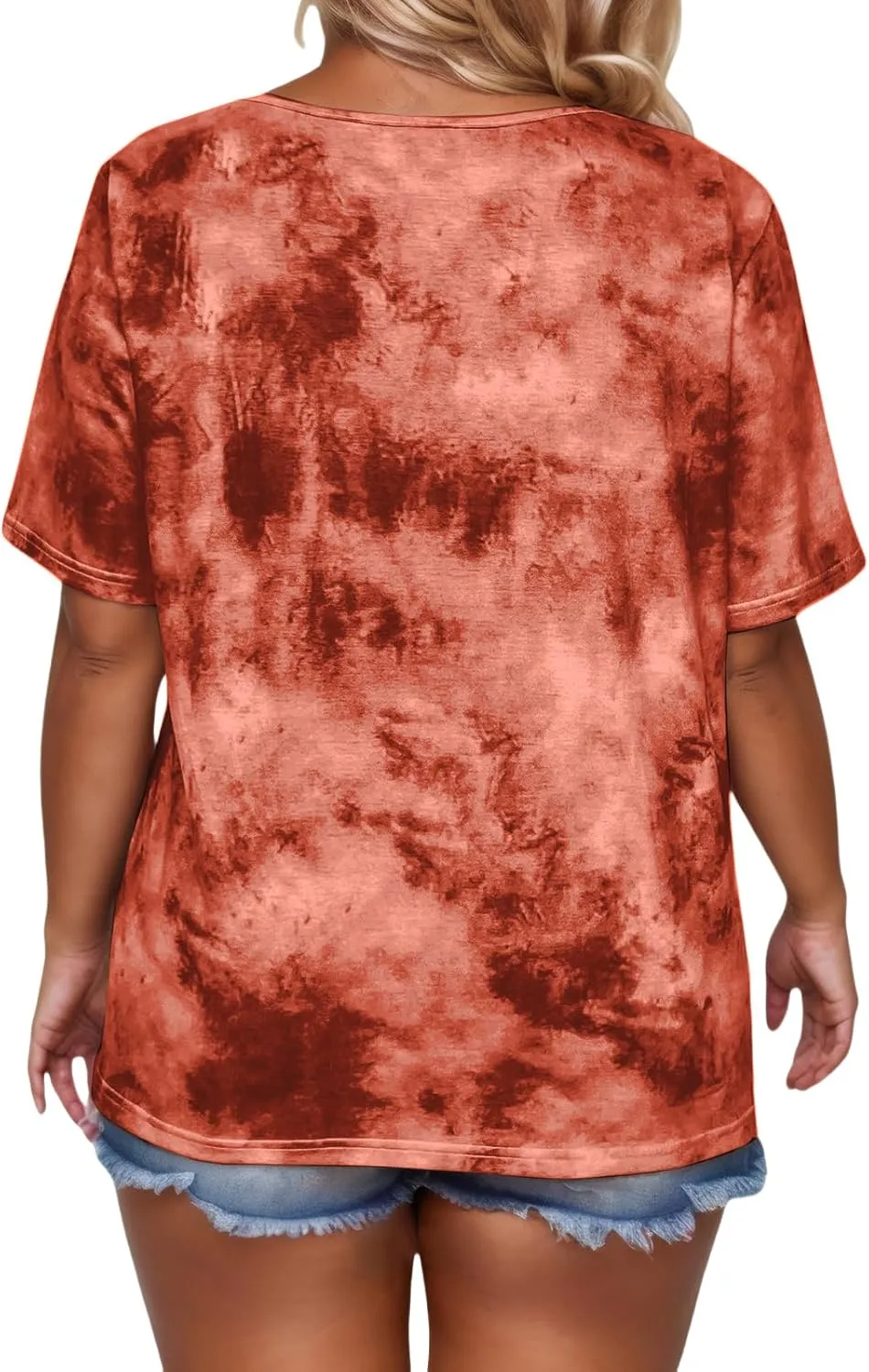 VISLILY Womens-Plus-Size-Summer-Tops Casual Lace Up Front T Shirts Tie Dye V Neck Tees Trendy Short Sleeve Tunics XL-5XL