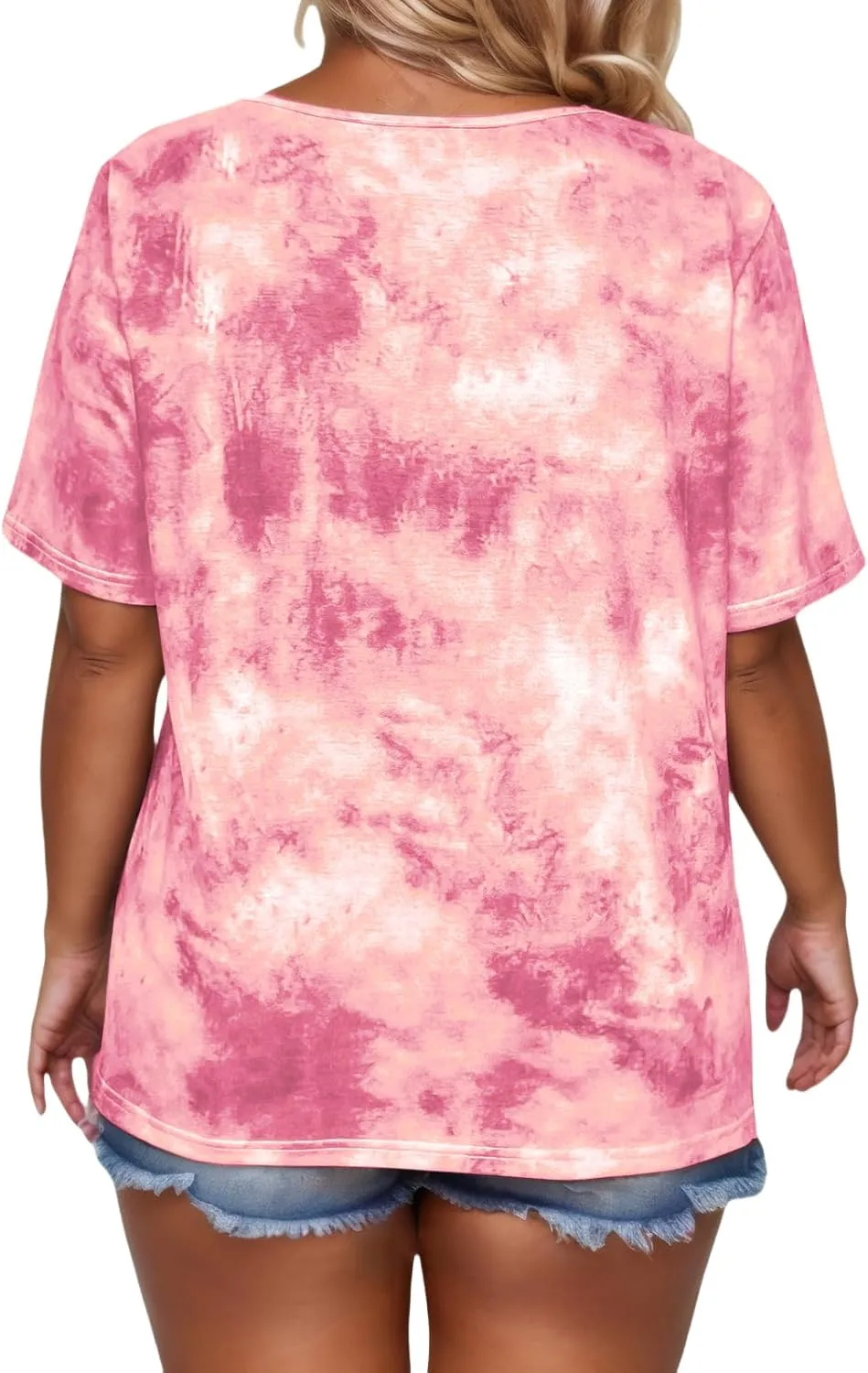 VISLILY Womens-Plus-Size-Summer-Tops Casual Lace Up Front T Shirts Tie Dye V Neck Tees Trendy Short Sleeve Tunics XL-5XL