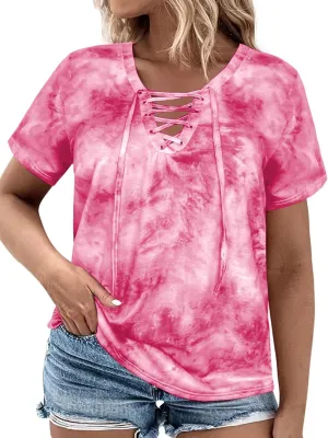 VISLILY Womens-Plus-Size-Summer-Tops Casual Lace Up Front T Shirts Tie Dye V Neck Tees Trendy Short Sleeve Tunics XL-5XL