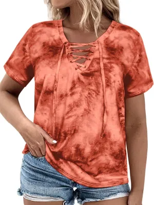 VISLILY Womens-Plus-Size-Summer-Tops Casual Lace Up Front T Shirts Tie Dye V Neck Tees Trendy Short Sleeve Tunics XL-5XL