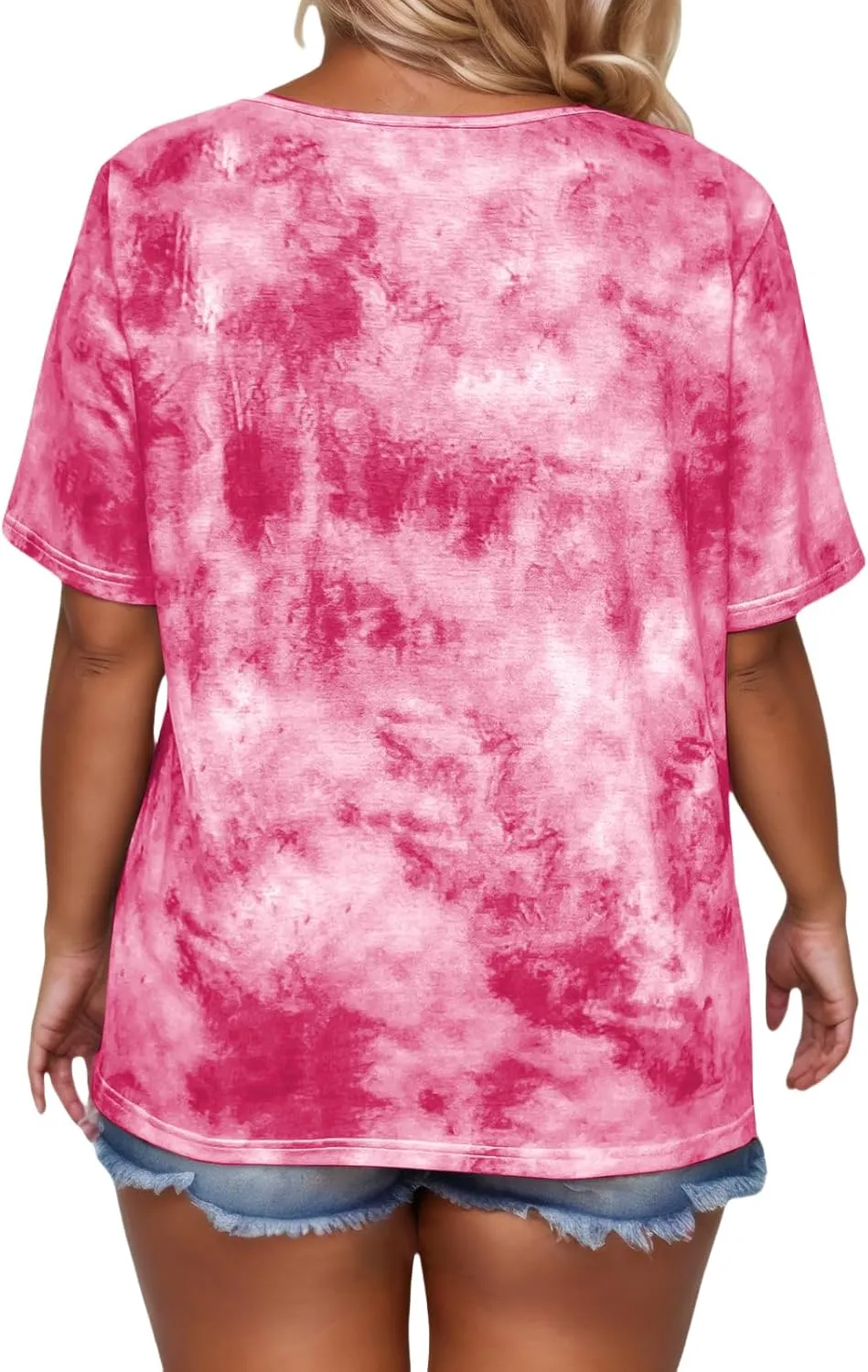 VISLILY Womens-Plus-Size-Summer-Tops Casual Lace Up Front T Shirts Tie Dye V Neck Tees Trendy Short Sleeve Tunics XL-5XL