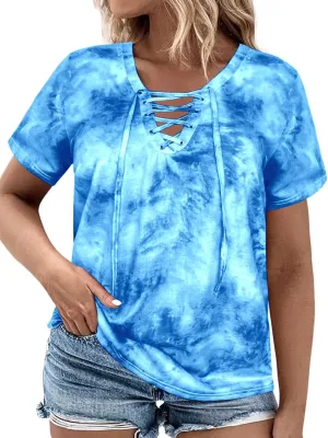 VISLILY Womens-Plus-Size-Summer-Tops Casual Lace Up Front T Shirts Tie Dye V Neck Tees Trendy Short Sleeve Tunics XL-5XL