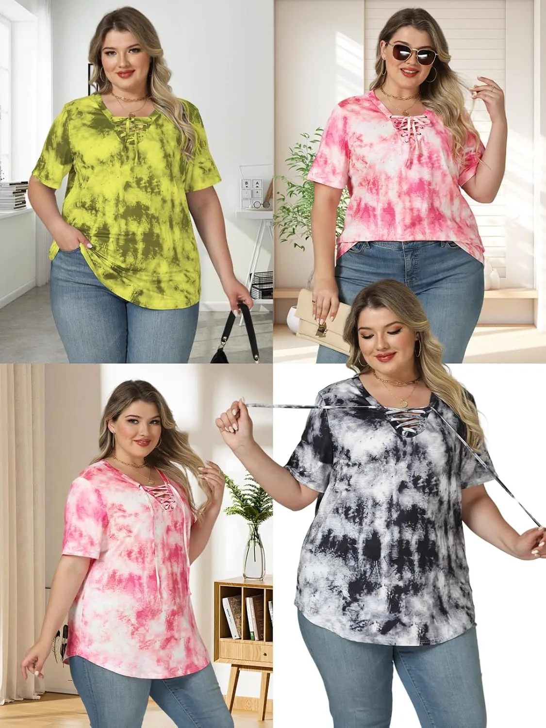 VISLILY Womens-Plus-Size-Summer-Tops Casual Lace Up Front T Shirts Tie Dye V Neck Tees Trendy Short Sleeve Tunics XL-5XL