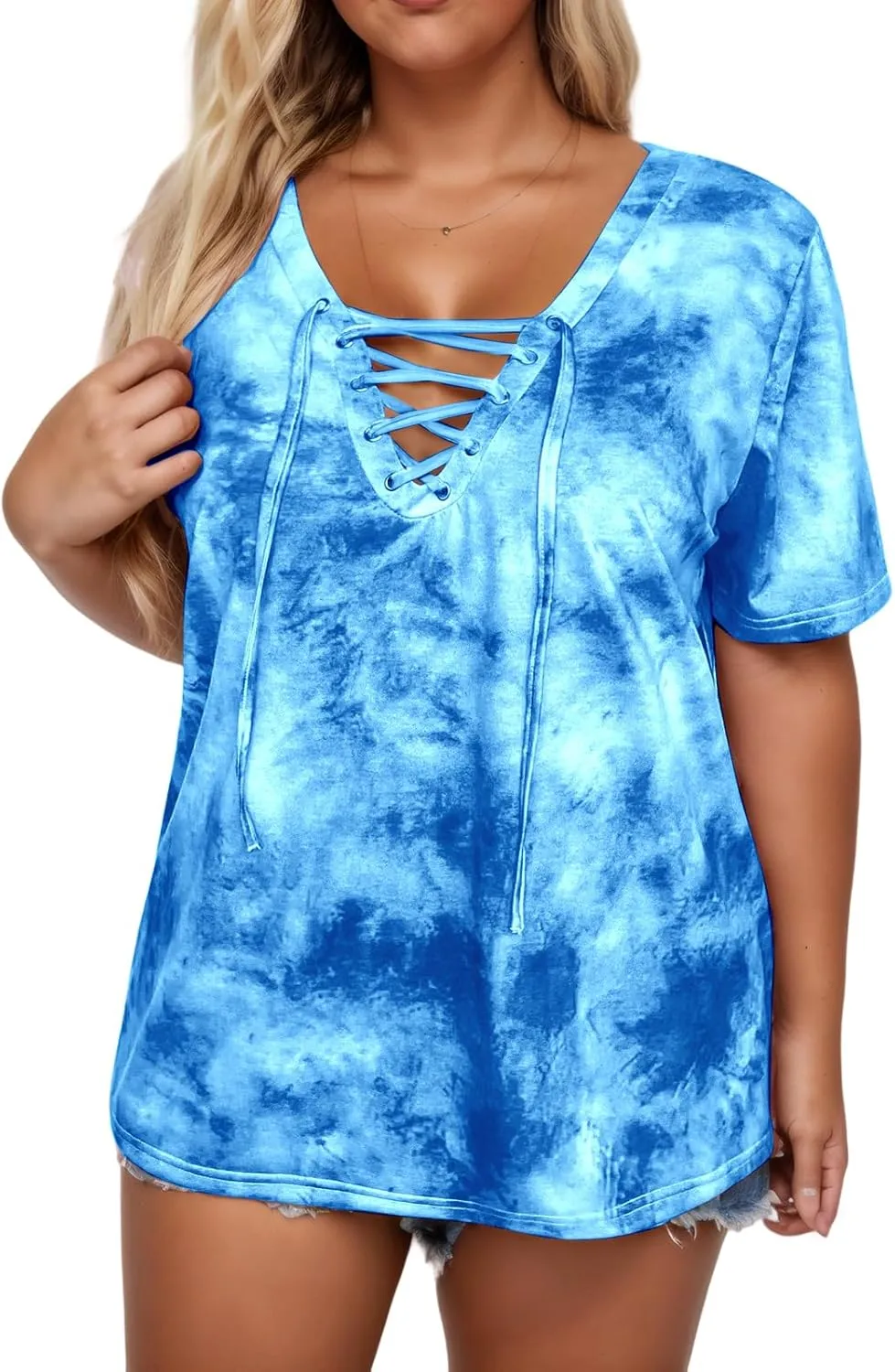 VISLILY Womens-Plus-Size-Summer-Tops Casual Lace Up Front T Shirts Tie Dye V Neck Tees Trendy Short Sleeve Tunics XL-5XL