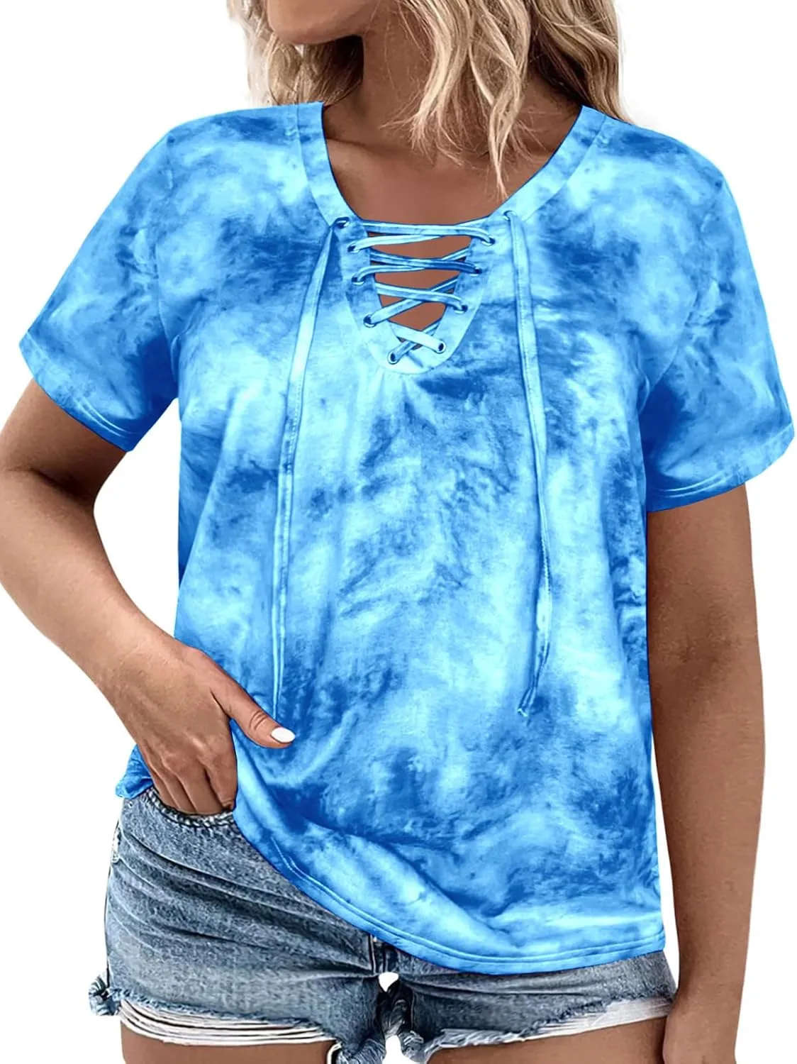 VISLILY Womens-Plus-Size-Summer-Tops Casual Lace Up Front T Shirts Tie Dye V Neck Tees Trendy Short Sleeve Tunics XL-5XL