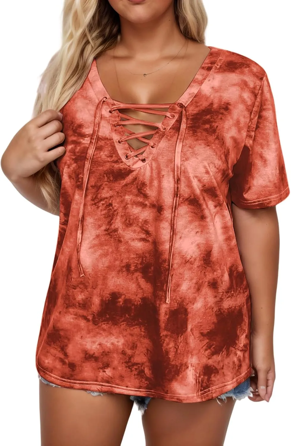 VISLILY Womens-Plus-Size-Summer-Tops Casual Lace Up Front T Shirts Tie Dye V Neck Tees Trendy Short Sleeve Tunics XL-5XL