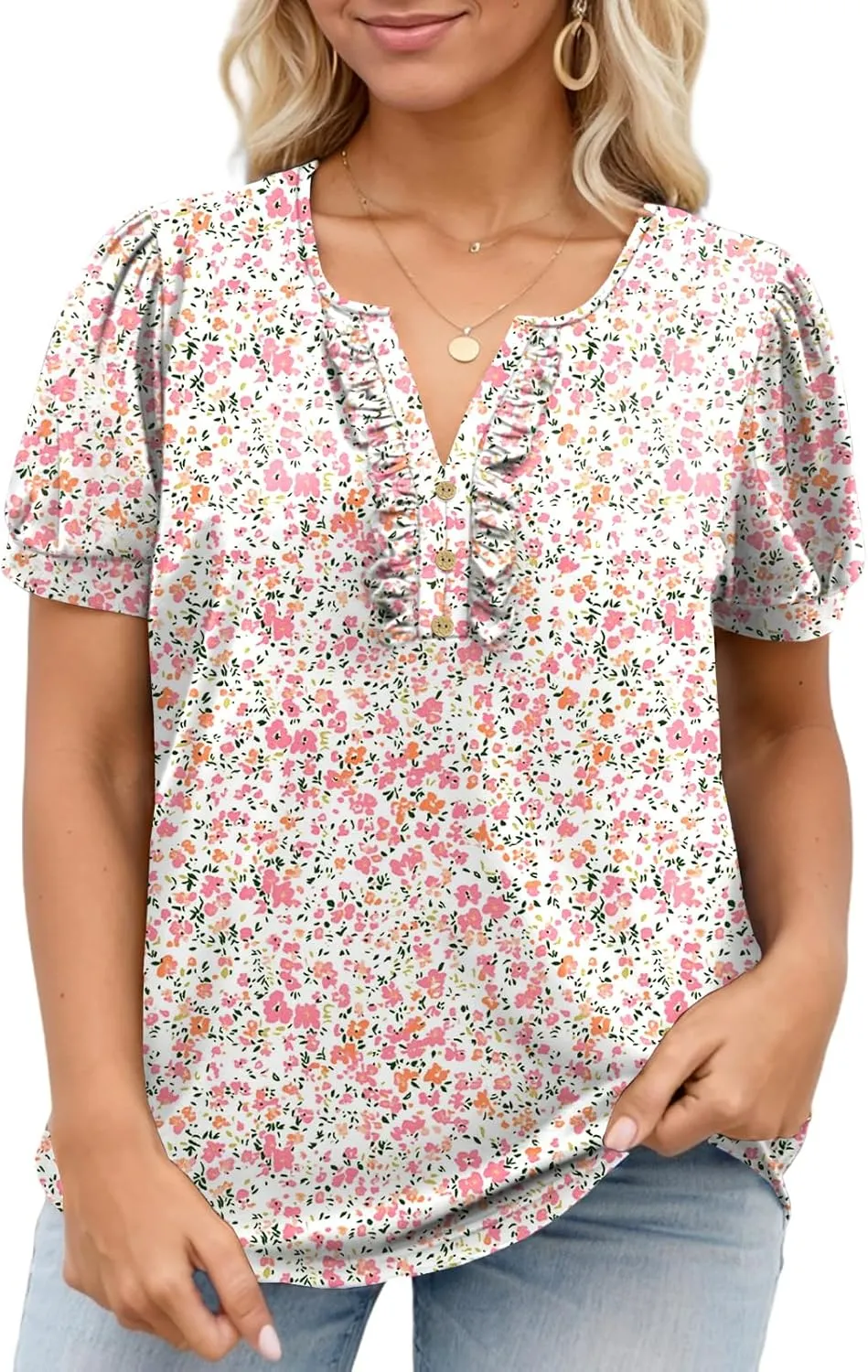 VISLILY Womens-Plus-Size-Summer-Tops Dressy Ruffle V Neck T Shirts Trendy Puff Short Sleeve Tunics Casual Buttons Up Blouses