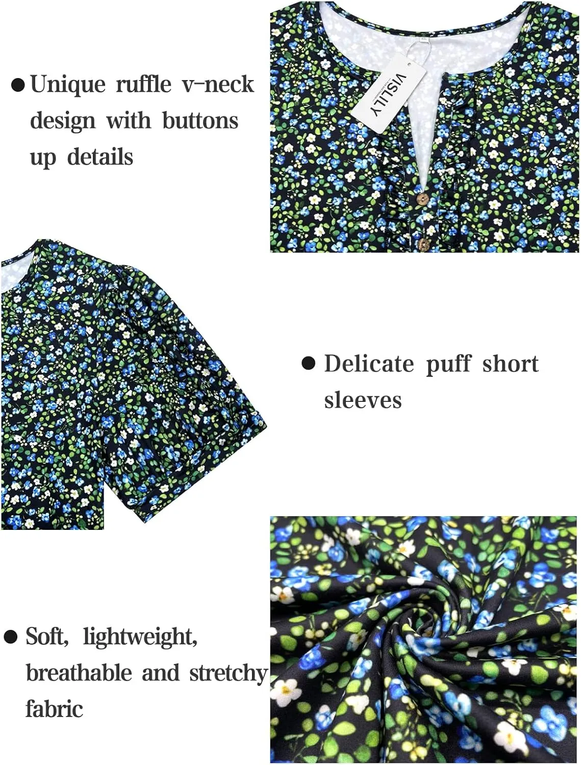 VISLILY Womens-Plus-Size-Summer-Tops Dressy Ruffle V Neck T Shirts Trendy Puff Short Sleeve Tunics Casual Buttons Up Blouses