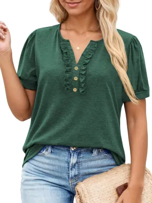 VISLILY Womens-Plus-Size-Summer-Tops Dressy Ruffle V Neck T Shirts Trendy Puff Short Sleeve Tunics Casual Buttons Up Blouses