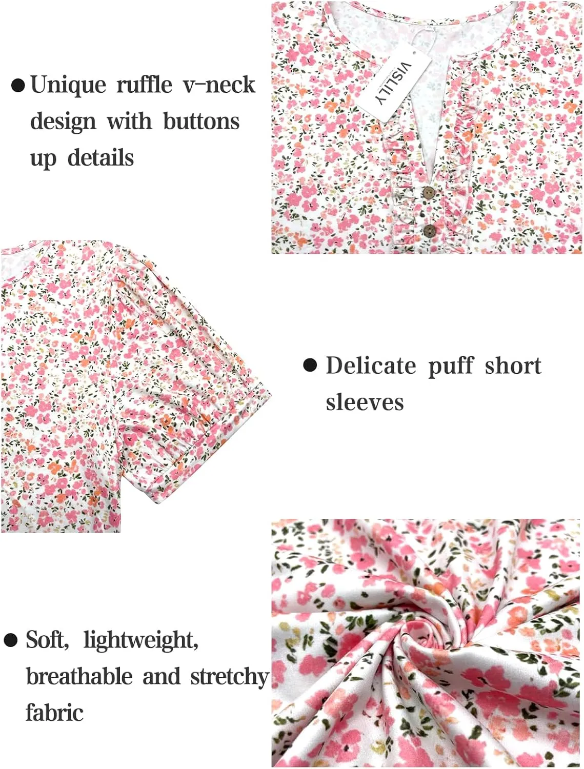 VISLILY Womens-Plus-Size-Summer-Tops Dressy Ruffle V Neck T Shirts Trendy Puff Short Sleeve Tunics Casual Buttons Up Blouses