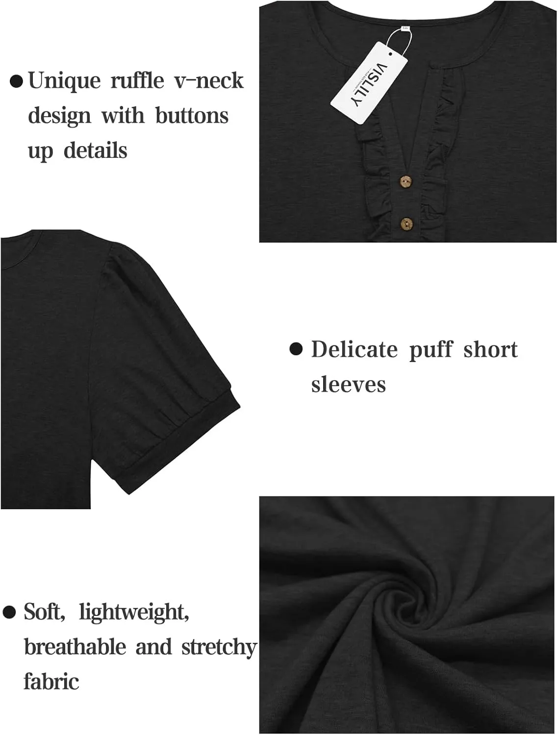 VISLILY Womens-Plus-Size-Summer-Tops Dressy Ruffle V Neck T Shirts Trendy Puff Short Sleeve Tunics Casual Buttons Up Blouses