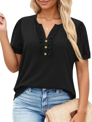 VISLILY Womens-Plus-Size-Summer-Tops Dressy Ruffle V Neck T Shirts Trendy Puff Short Sleeve Tunics Casual Buttons Up Blouses