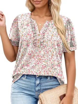 VISLILY Womens-Plus-Size-Summer-Tops Dressy Ruffle V Neck T Shirts Trendy Puff Short Sleeve Tunics Casual Buttons Up Blouses