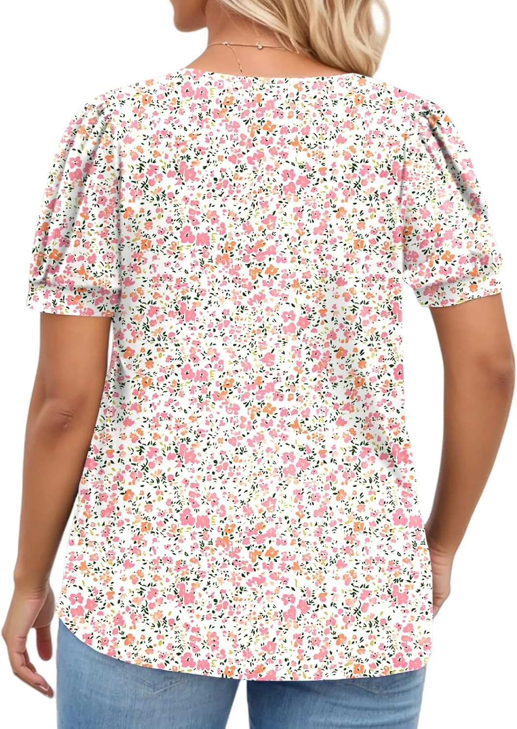 VISLILY Womens-Plus-Size-Summer-Tops Dressy Ruffle V Neck T Shirts Trendy Puff Short Sleeve Tunics Casual Buttons Up Blouses