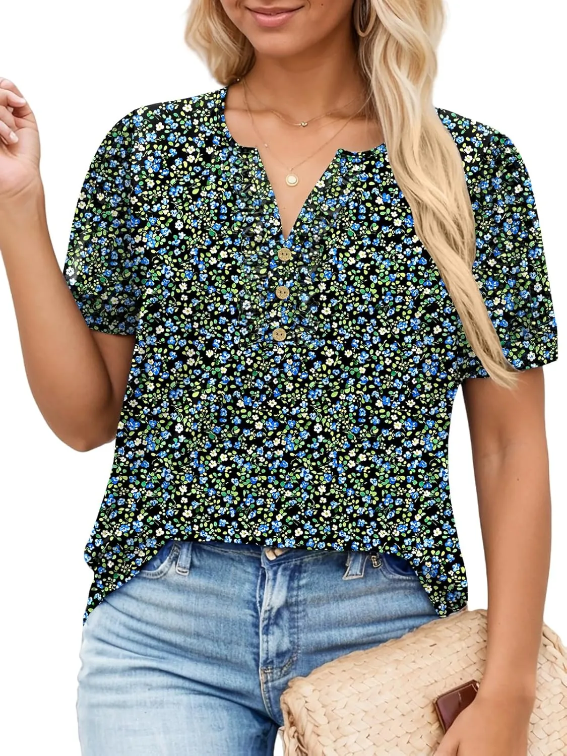 VISLILY Womens-Plus-Size-Summer-Tops Dressy Ruffle V Neck T Shirts Trendy Puff Short Sleeve Tunics Casual Buttons Up Blouses