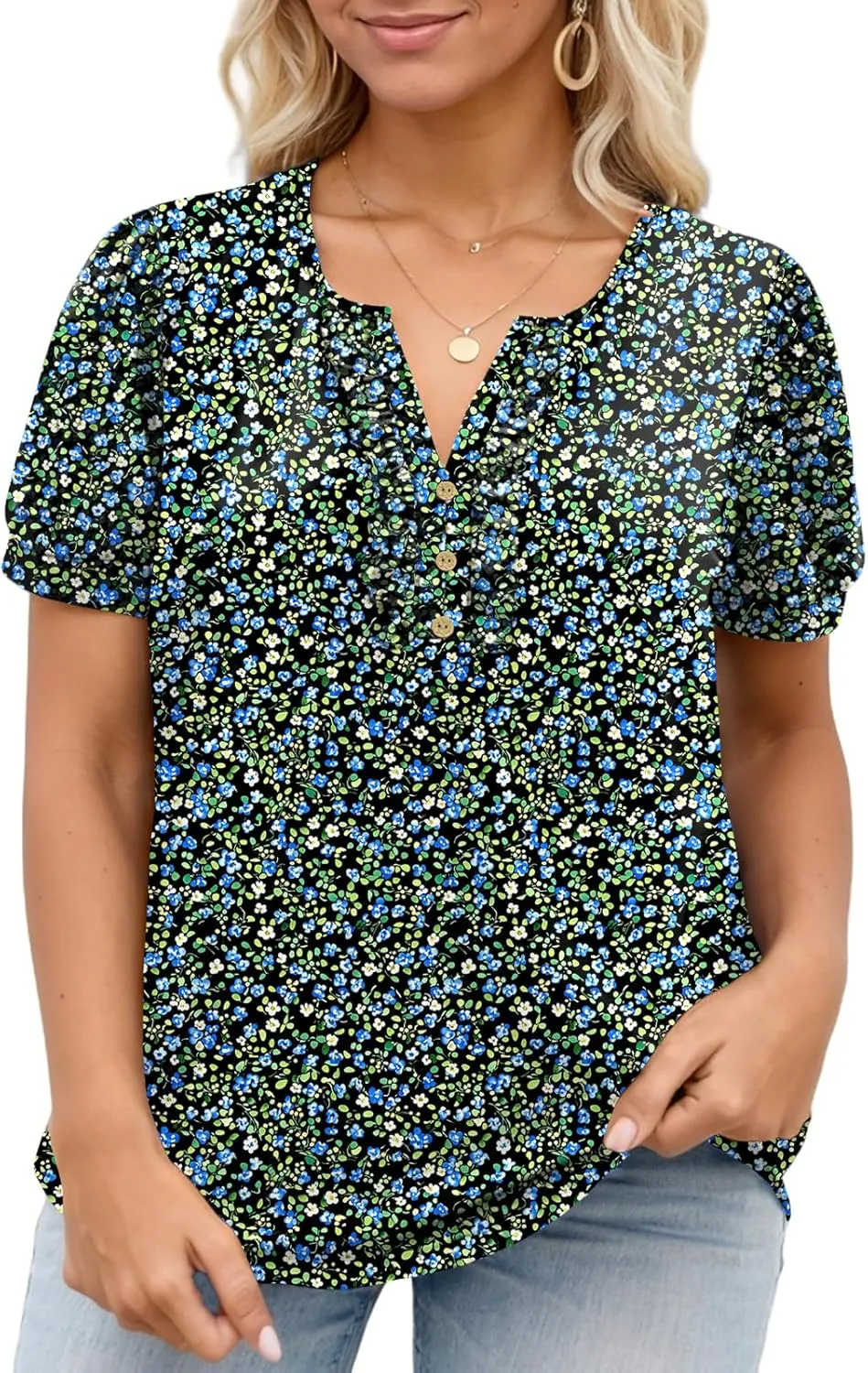 VISLILY Womens-Plus-Size-Summer-Tops Dressy Ruffle V Neck T Shirts Trendy Puff Short Sleeve Tunics Casual Buttons Up Blouses