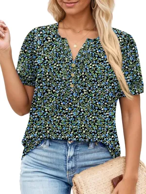 VISLILY Womens-Plus-Size-Summer-Tops Dressy Ruffle V Neck T Shirts Trendy Puff Short Sleeve Tunics Casual Buttons Up Blouses