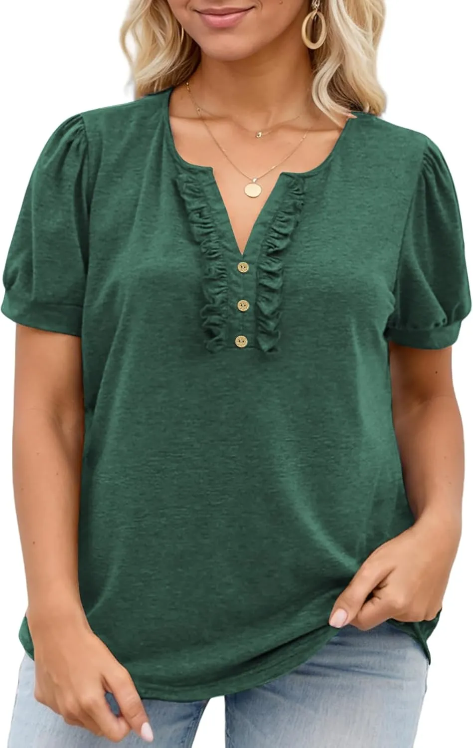 VISLILY Womens-Plus-Size-Summer-Tops Dressy Ruffle V Neck T Shirts Trendy Puff Short Sleeve Tunics Casual Buttons Up Blouses