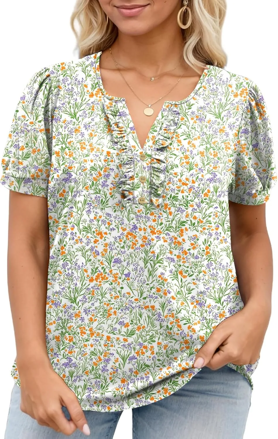 VISLILY Womens-Plus-Size-Summer-Tops Dressy Ruffle V Neck T Shirts Trendy Puff Short Sleeve Tunics Casual Buttons Up Blouses