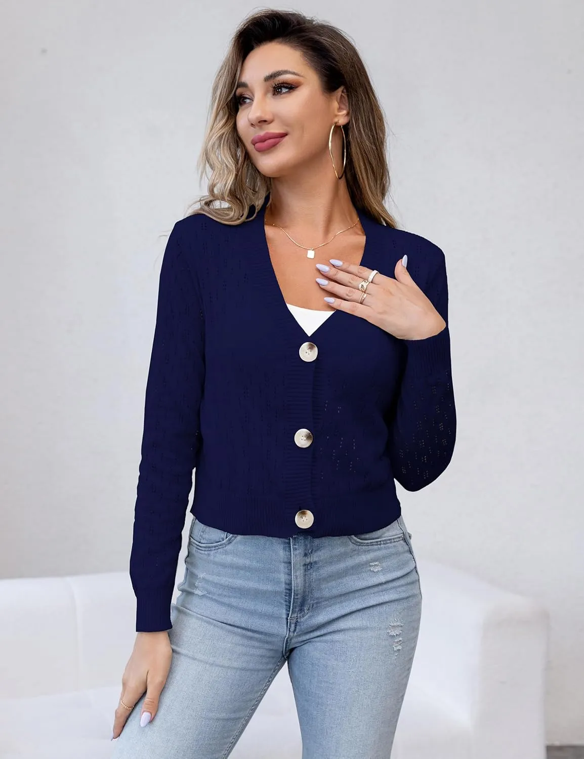 VOIANLIMO Women's Sweater Cropped Knit Long Sleeve Cardigan Lightweight Bolero Short Shrugs V-Neck Button up Tops