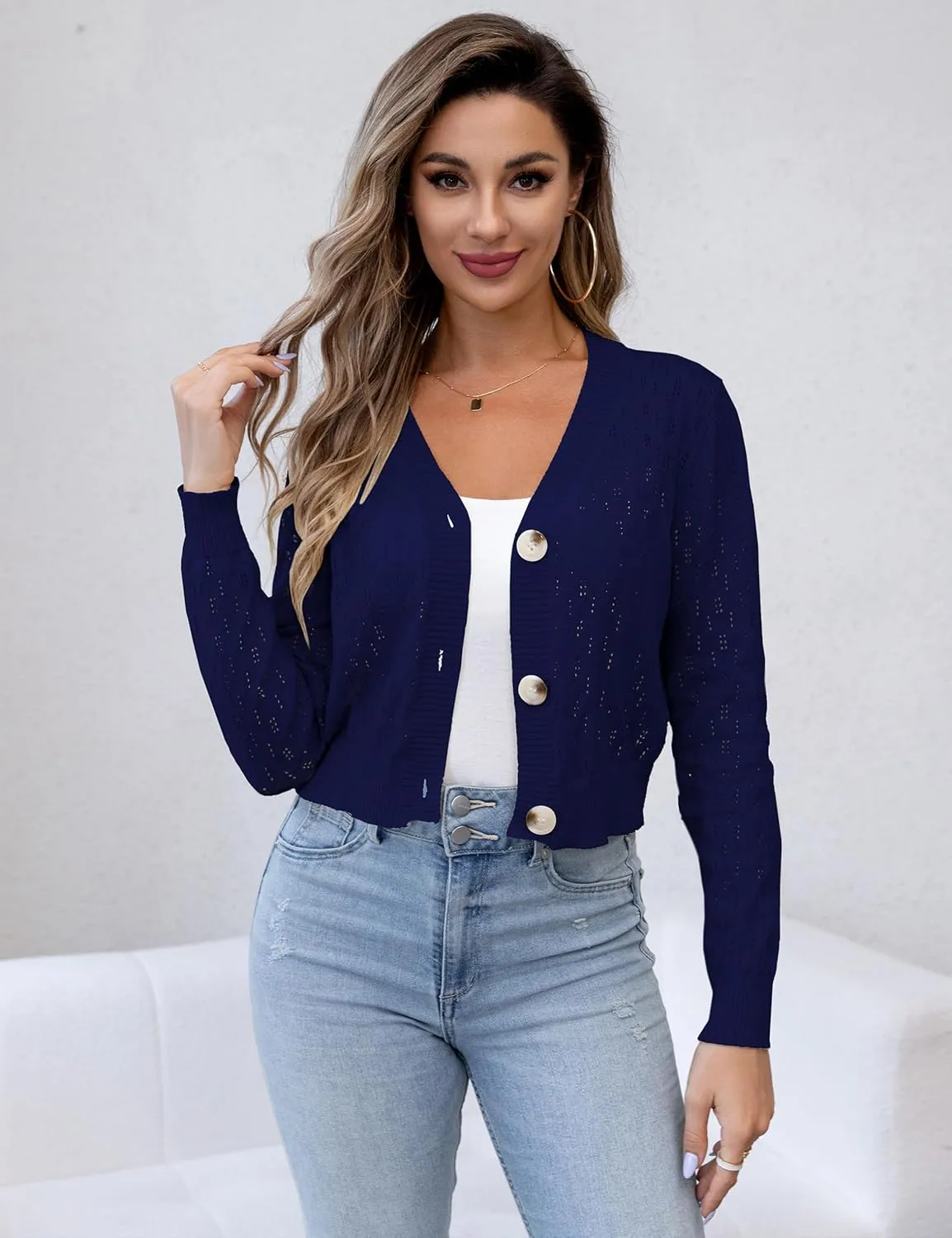 VOIANLIMO Women's Sweater Cropped Knit Long Sleeve Cardigan Lightweight Bolero Short Shrugs V-Neck Button up Tops