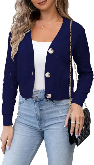 VOIANLIMO Women's Sweater Cropped Knit Long Sleeve Cardigan Lightweight Bolero Short Shrugs V-Neck Button up Tops
