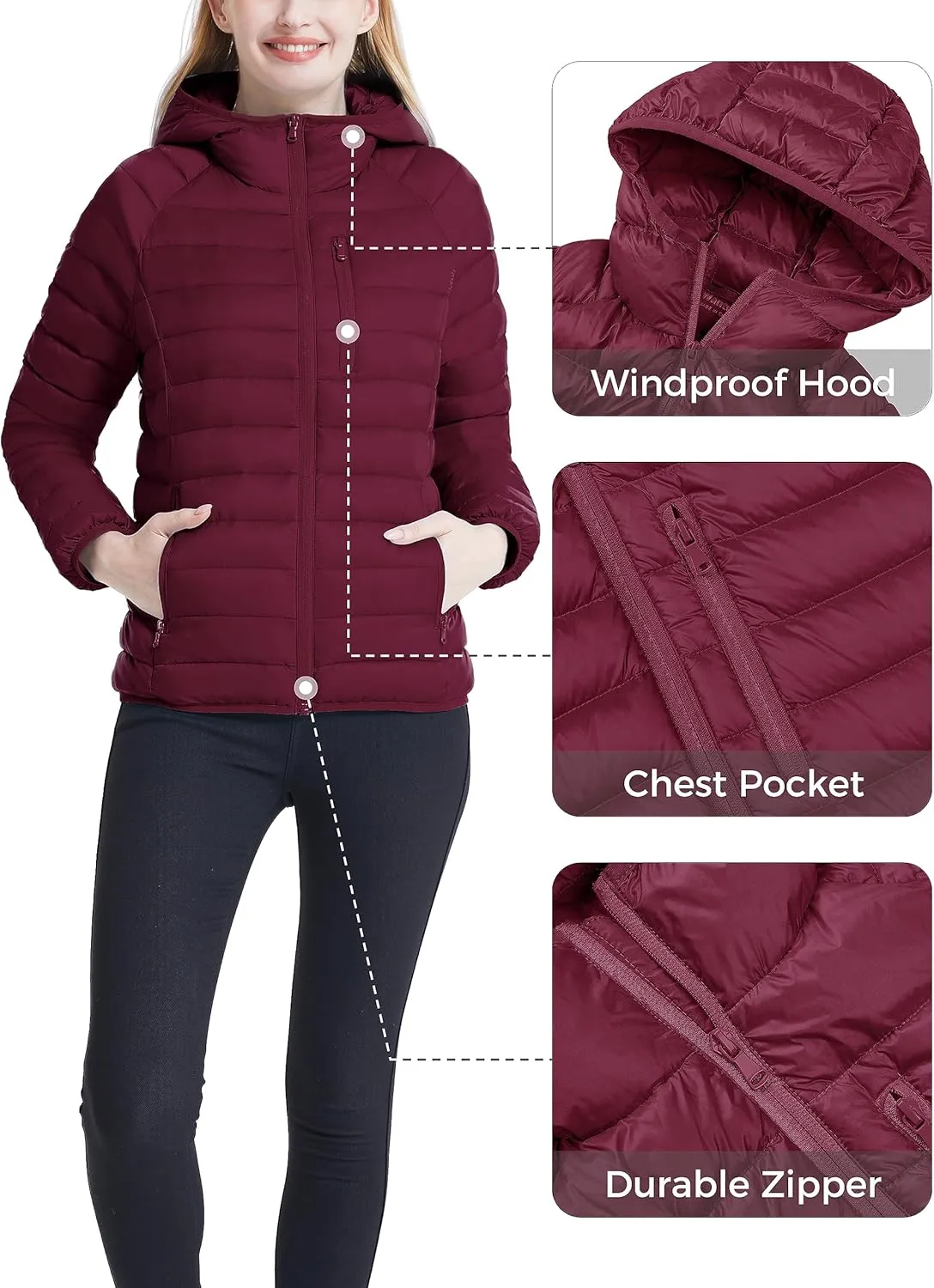 Wantdo Women's Packable Down Jacket Lightweight Puffer Jacket Hooded Winter Coat