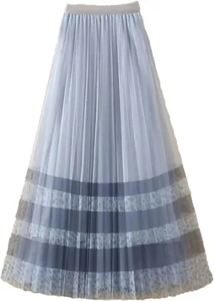 Wjnvfioo Women's Mesh Printed Pleated Fragmented Flower Skirt Half Length A-Line High Waist Slim Lady Midi Skirts