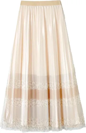 Wjnvfioo Women's Mesh Printed Pleated Fragmented Flower Skirt Half Length A-Line High Waist Slim Lady Midi Skirts