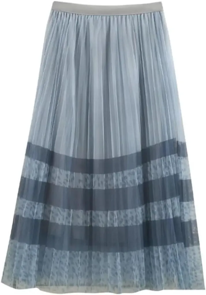 Wjnvfioo Women's Mesh Printed Pleated Fragmented Flower Skirt Half Length A-Line High Waist Slim Lady Midi Skirts