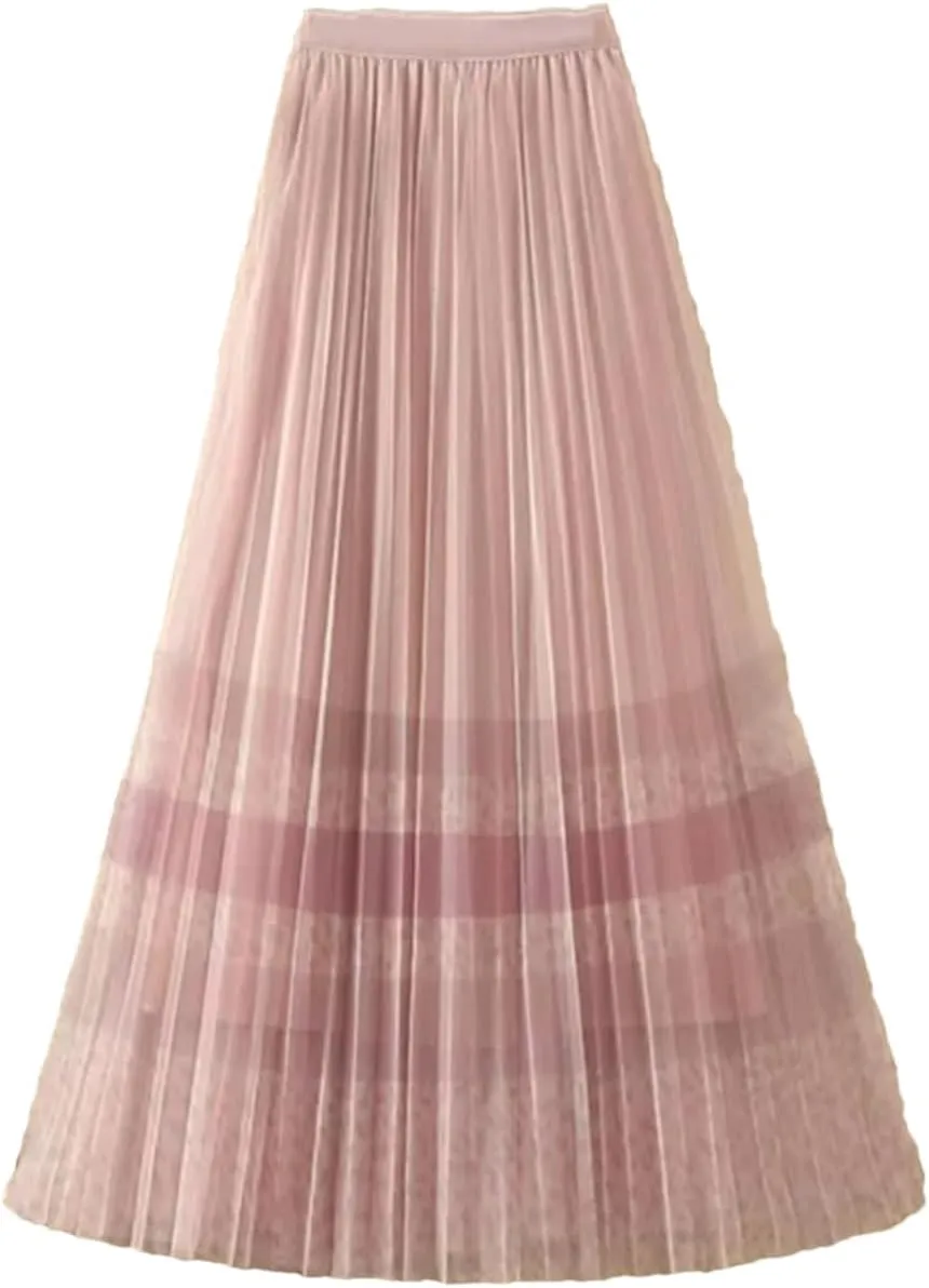 Wjnvfioo Women's Mesh Printed Pleated Fragmented Flower Skirt Half Length A-Line High Waist Slim Lady Midi Skirts
