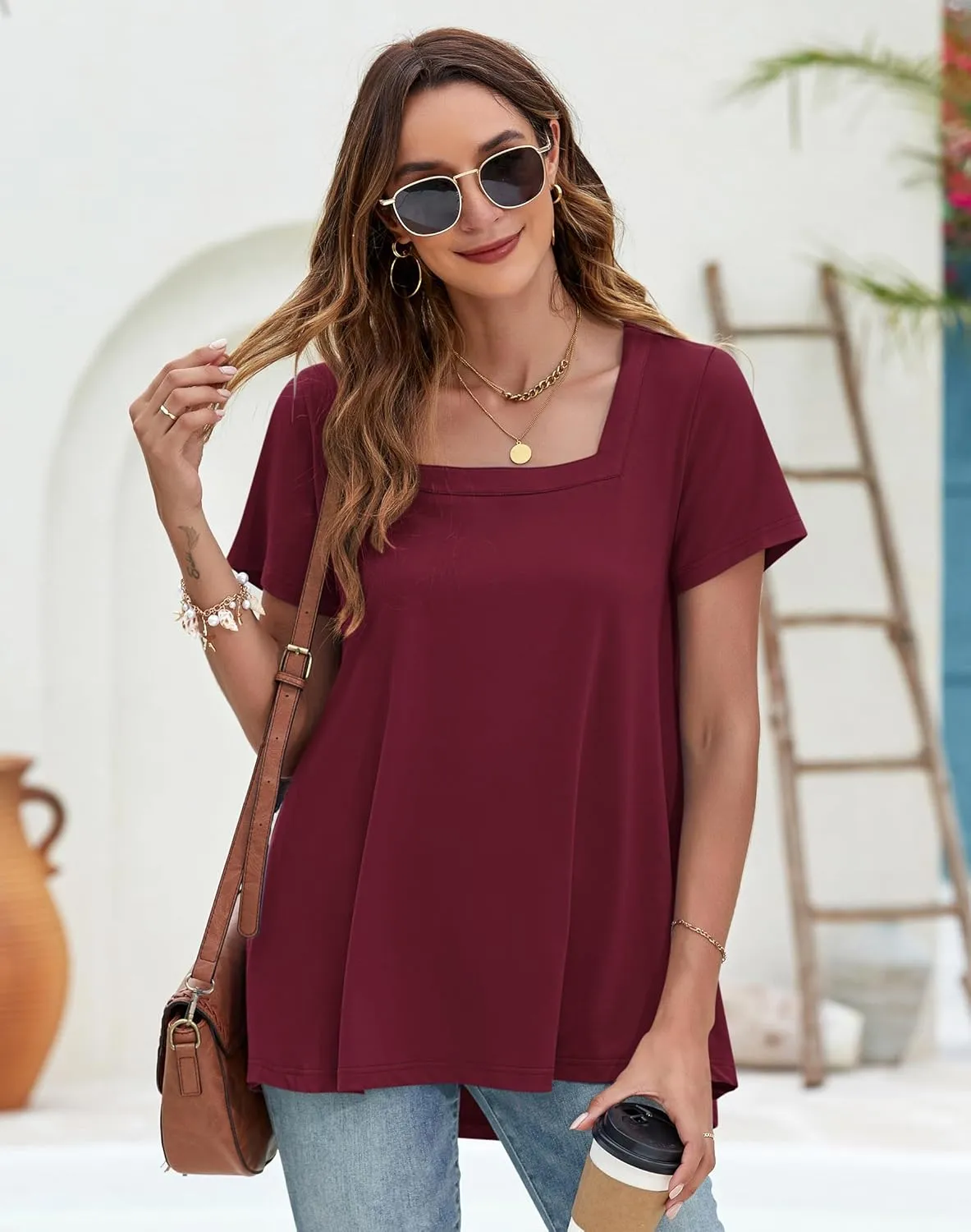 WNEEDU Women's Summer Tunic Tops Casual Short Sleeve Square Neck T-Shirt Loose Fit for Leggings