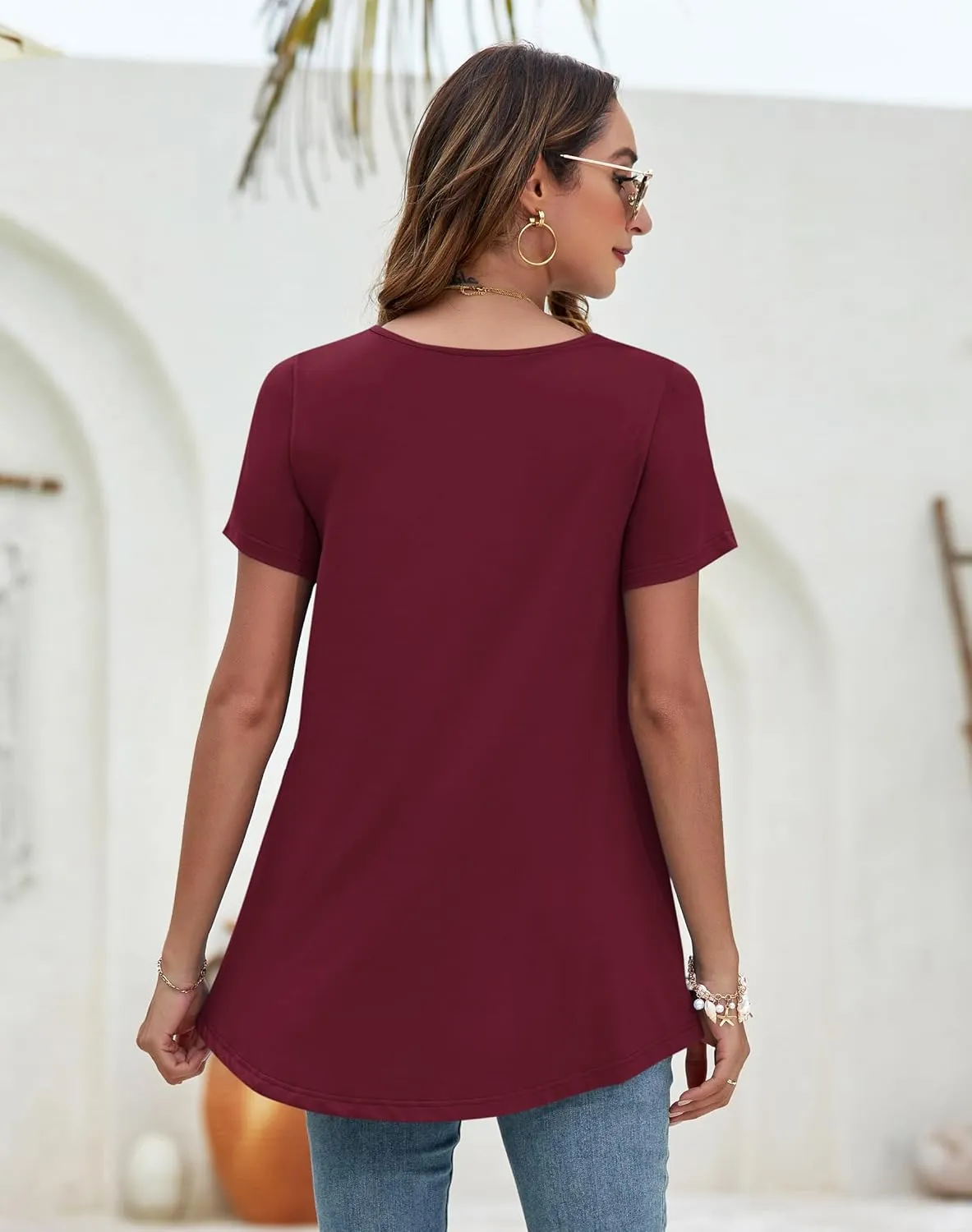 WNEEDU Women's Summer Tunic Tops Casual Short Sleeve Square Neck T-Shirt Loose Fit for Leggings