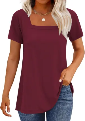 WNEEDU Women's Summer Tunic Tops Casual Short Sleeve Square Neck T-Shirt Loose Fit for Leggings