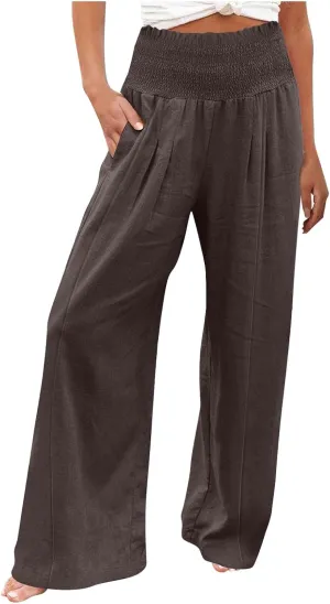 Women Cotton Linen Summer Breathable Palazzo Pants Low Waist Stretchy Slim Fit Trousers Beach