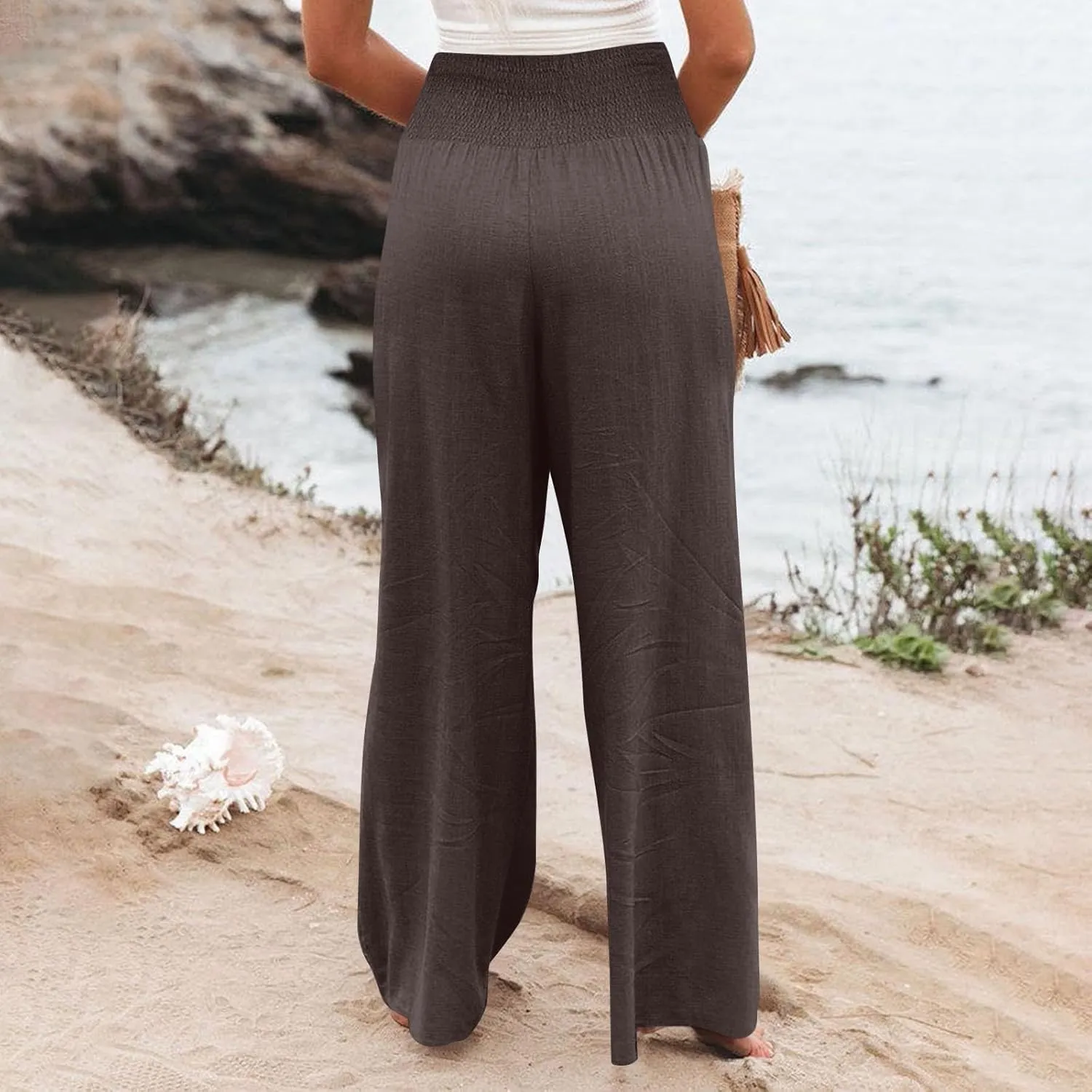 Women Cotton Linen Summer Breathable Palazzo Pants Low Waist Stretchy Slim Fit Trousers Beach
