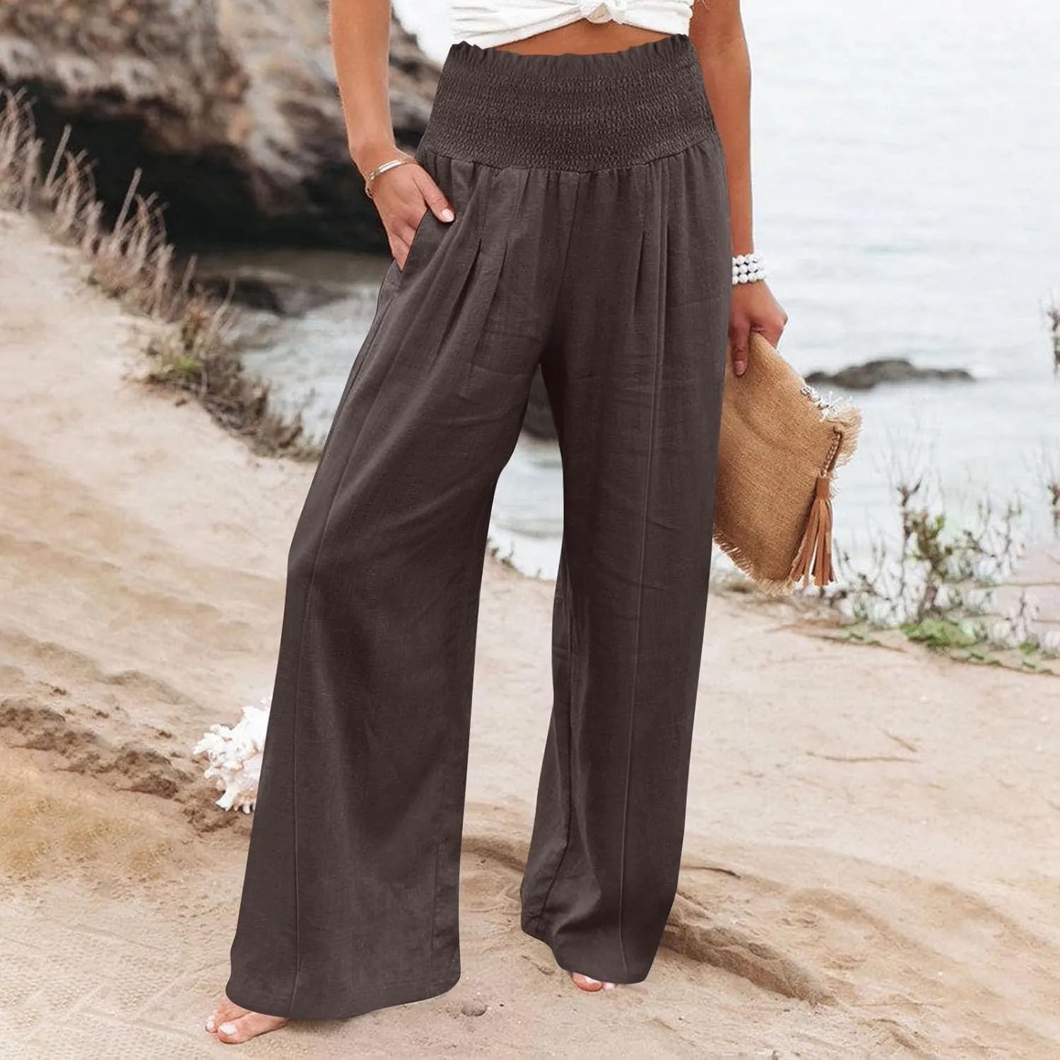 Women Cotton Linen Summer Breathable Palazzo Pants Low Waist Stretchy Slim Fit Trousers Beach