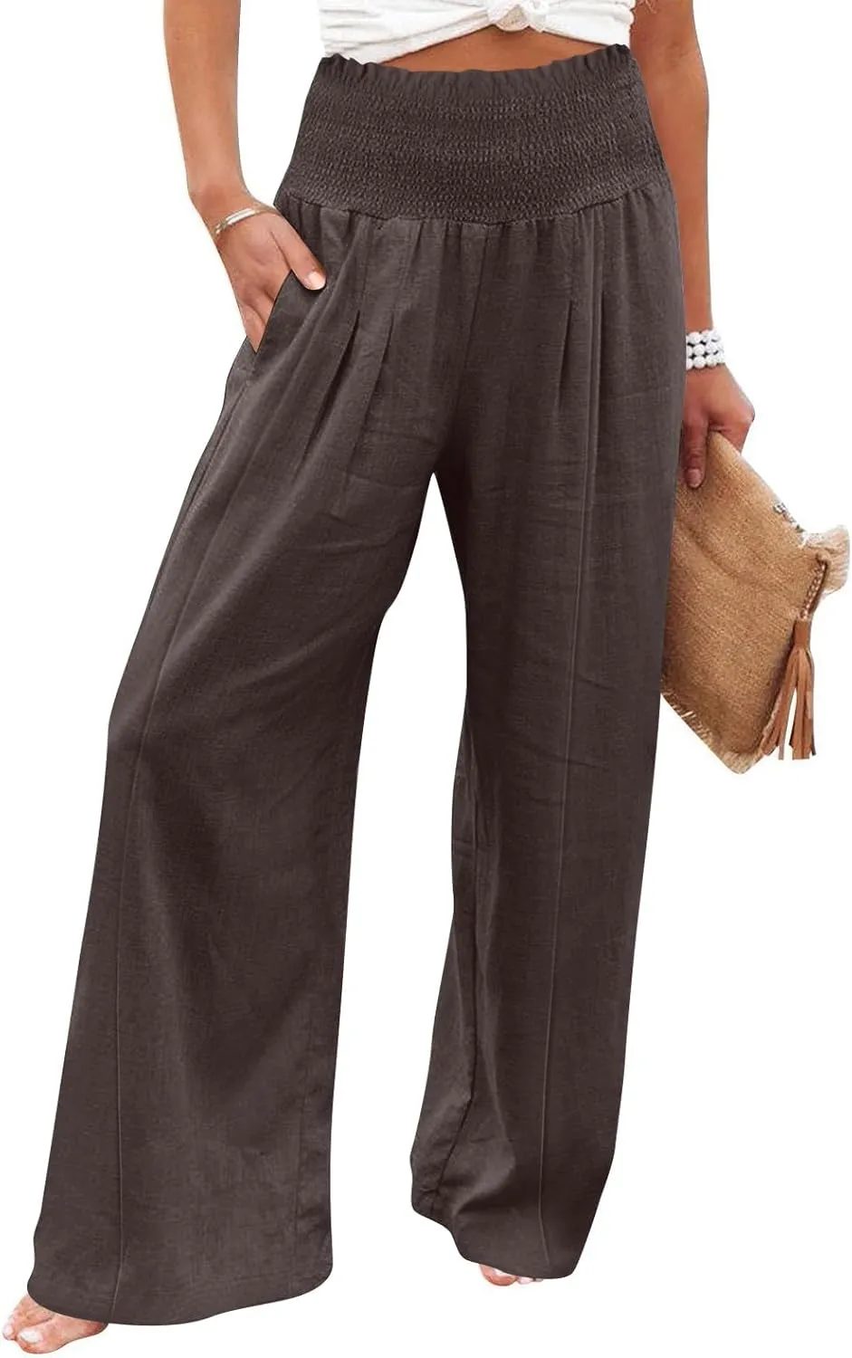 Women Cotton Linen Summer Breathable Palazzo Pants Low Waist Stretchy Slim Fit Trousers Beach