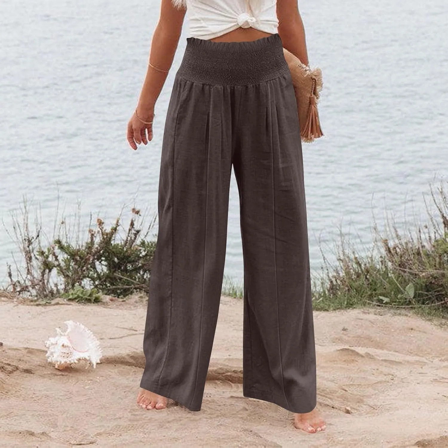 Women Cotton Linen Summer Breathable Palazzo Pants Low Waist Stretchy Slim Fit Trousers Beach
