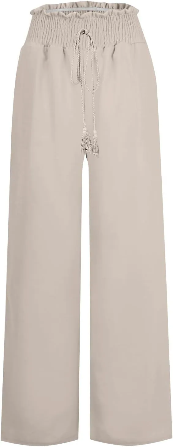 Women Cotton Linen Summer Floral Pant Trousers Elastic Waist Baggy Stretchy Slim Fit Trousers Trendy