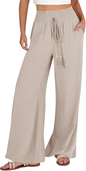 Women Cotton Linen Summer Floral Pant Trousers Elastic Waist Baggy Stretchy Slim Fit Trousers Trendy